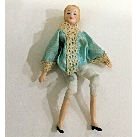 Vintage Porcelain Dollhouse Doll Victorian Green Dress 5 1/2 “ - Picture 2 of 5